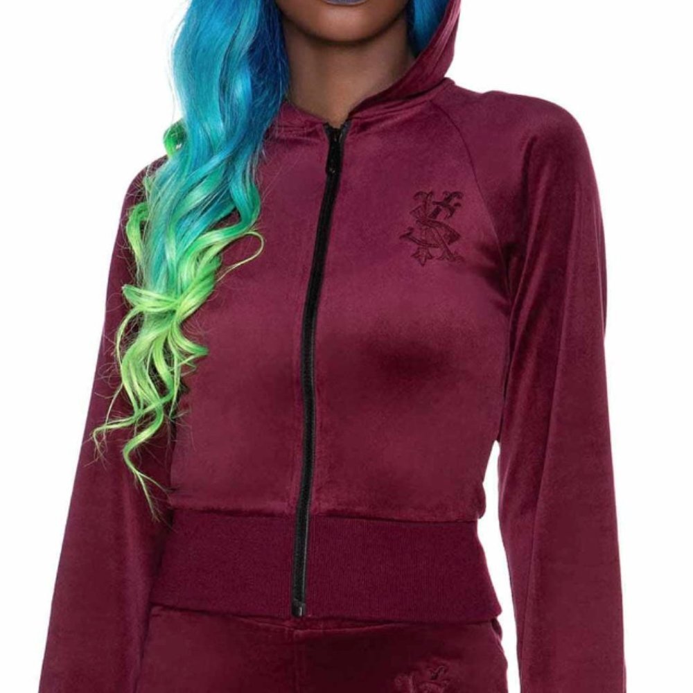 Killstar Just Crew-Sin Burgundy Velvet Zip Up Hoodie XS NWT